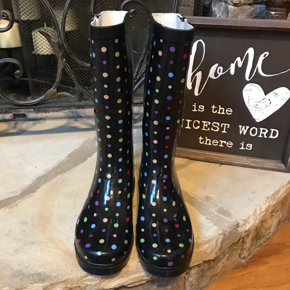 Merona Black with Polka Dots Rain Boots Size 6 - Picture 2 of 8